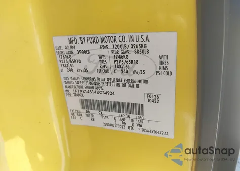 2004 Ford F-150 Fx4/Lariat/Xl/Xlt из США, поврежденный, VIN 1FTPX14514KC34924